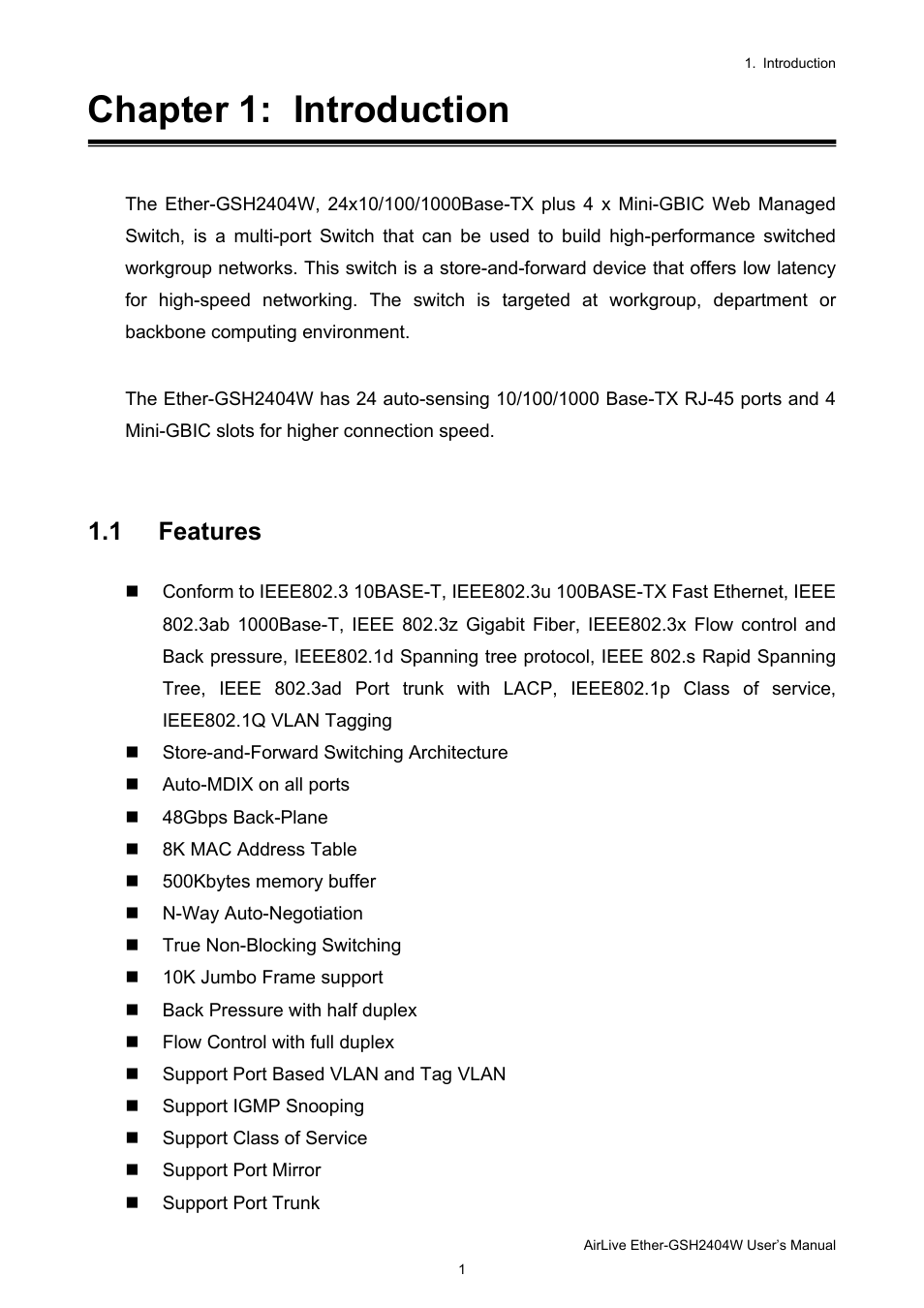 Chapter 1: introduction, 1 features | AirLive Ether-GSH2404W User Manual | Page 4 / 50