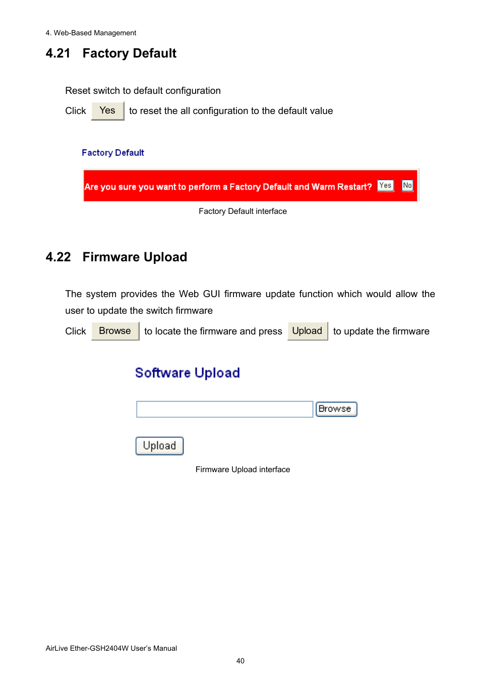 21 factory default, 22 firmware upload | AirLive Ether-GSH2404W User Manual | Page 43 / 50