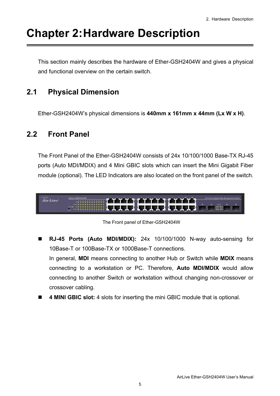 Chapter 2: hardware description, 1 physical dimension, 2 front panel | AirLive Ether-GSH2404W User Manual | Page 8 / 50