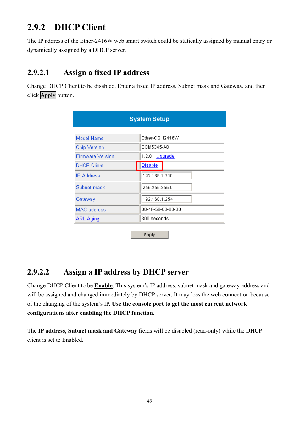 2 dhcp client, 1 assign a fixed ip address, 2 assign a ip address by dhcp server | AirLive Ether-GSH2416W User Manual | Page 49 / 61