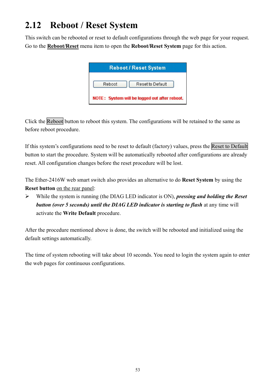 12 reboot / reset system | AirLive Ether-GSH2416W User Manual | Page 53 / 61