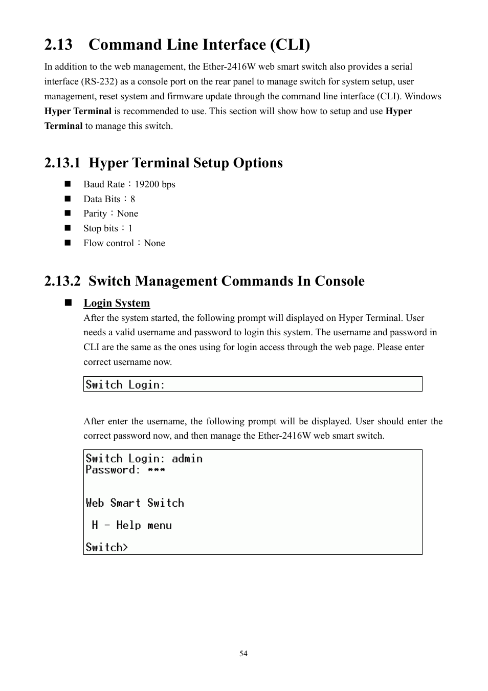 13 command line interface (cli), 1 hyper terminal setup options, 2 switch management commands in console | AirLive Ether-GSH2416W User Manual | Page 54 / 61