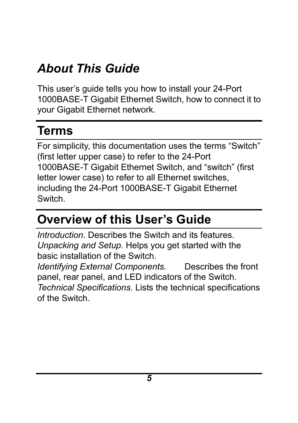 About this guide, Terms, Overview of this user’s guide | AirLive Ether-GSH24T v.2 User Manual | Page 5 / 16