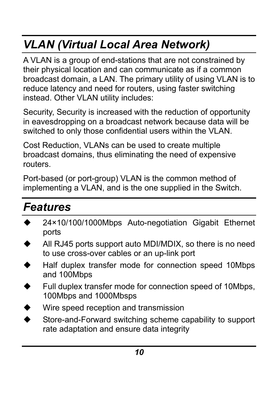 Vlan (virtual local area network), Features | AirLive Ether-GSH24TW User Manual | Page 10 / 42