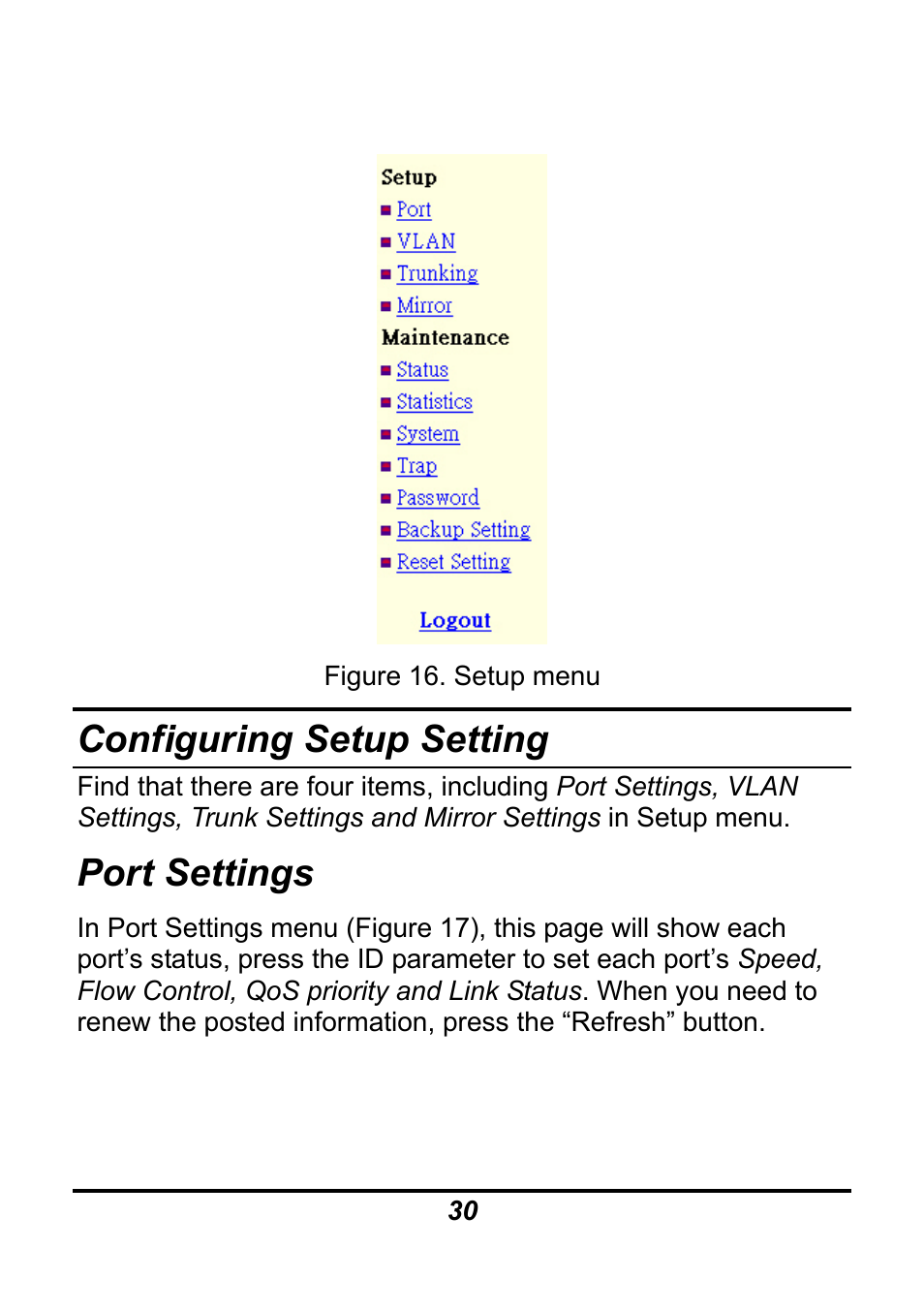 Configuring setup setting, Port settings | AirLive Ether-GSH24TW User Manual | Page 30 / 42
