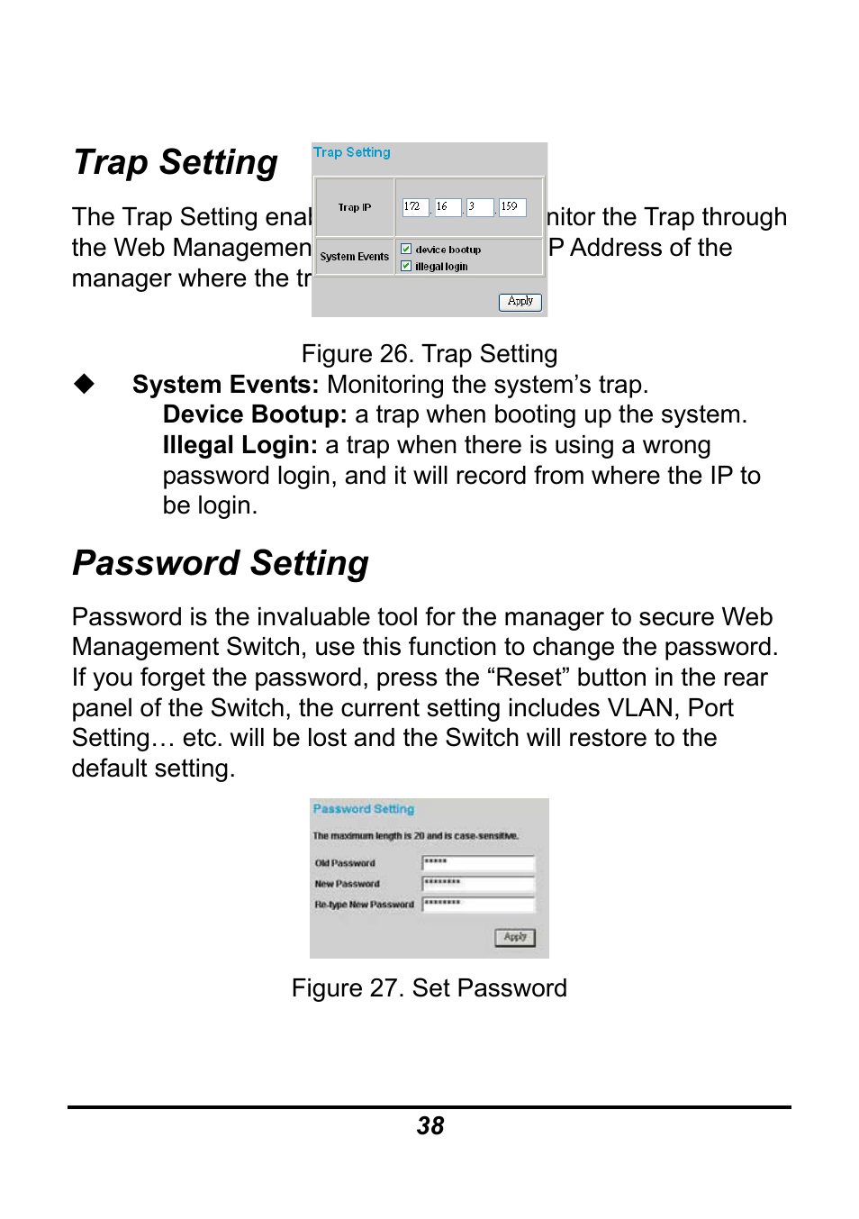 Trap setting, Password setting | AirLive Ether-GSH24TW User Manual | Page 38 / 42
