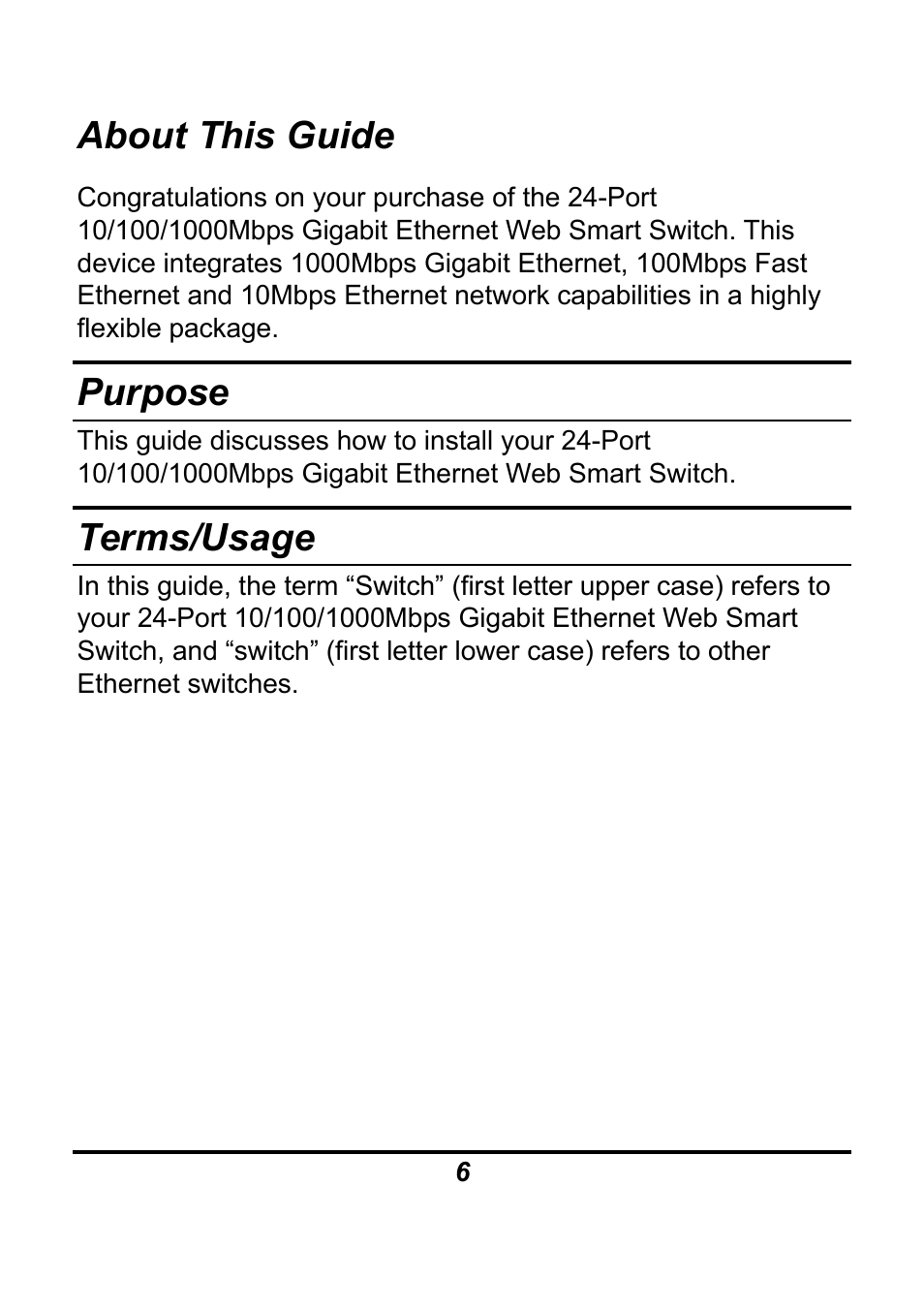About this guide, Purpose, Terms/usage | AirLive Ether-GSH24TW User Manual | Page 6 / 42