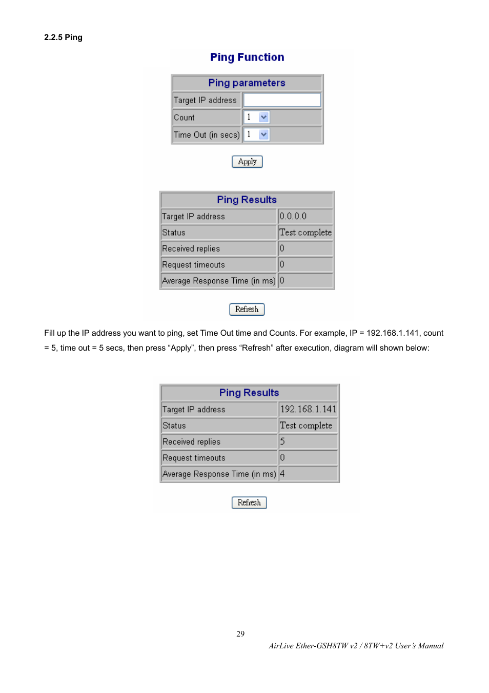 5 ping | AirLive Ether-GSH8TW v2 User Manual | Page 32 / 36