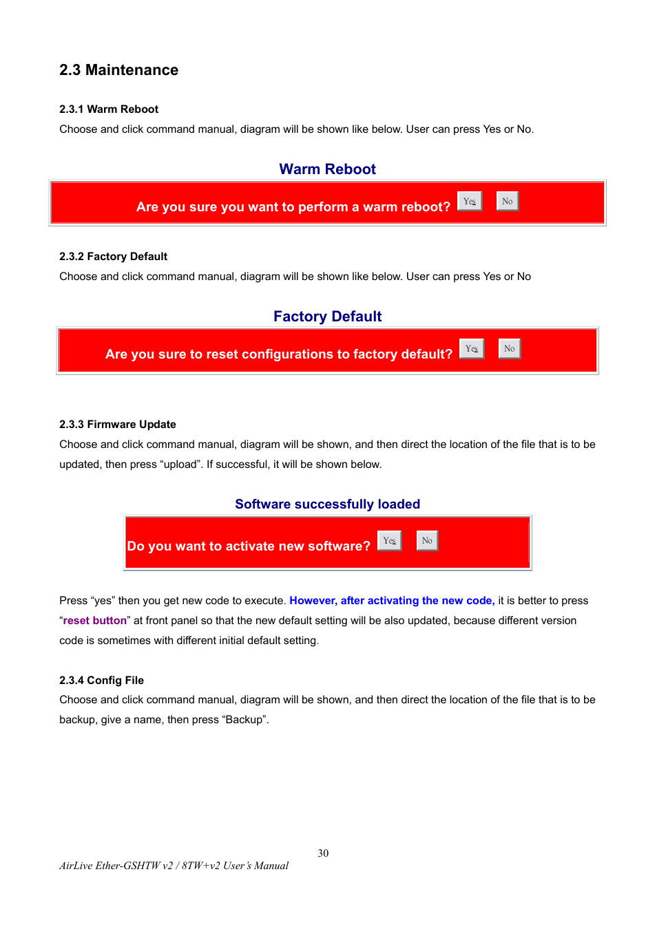 3 maintenance, Aintenance, 1 warm reboot | 2 factory default, 3 firmware update, 4 config file, Warm reboot, Factory default | AirLive Ether-GSH8TW v2 User Manual | Page 33 / 36