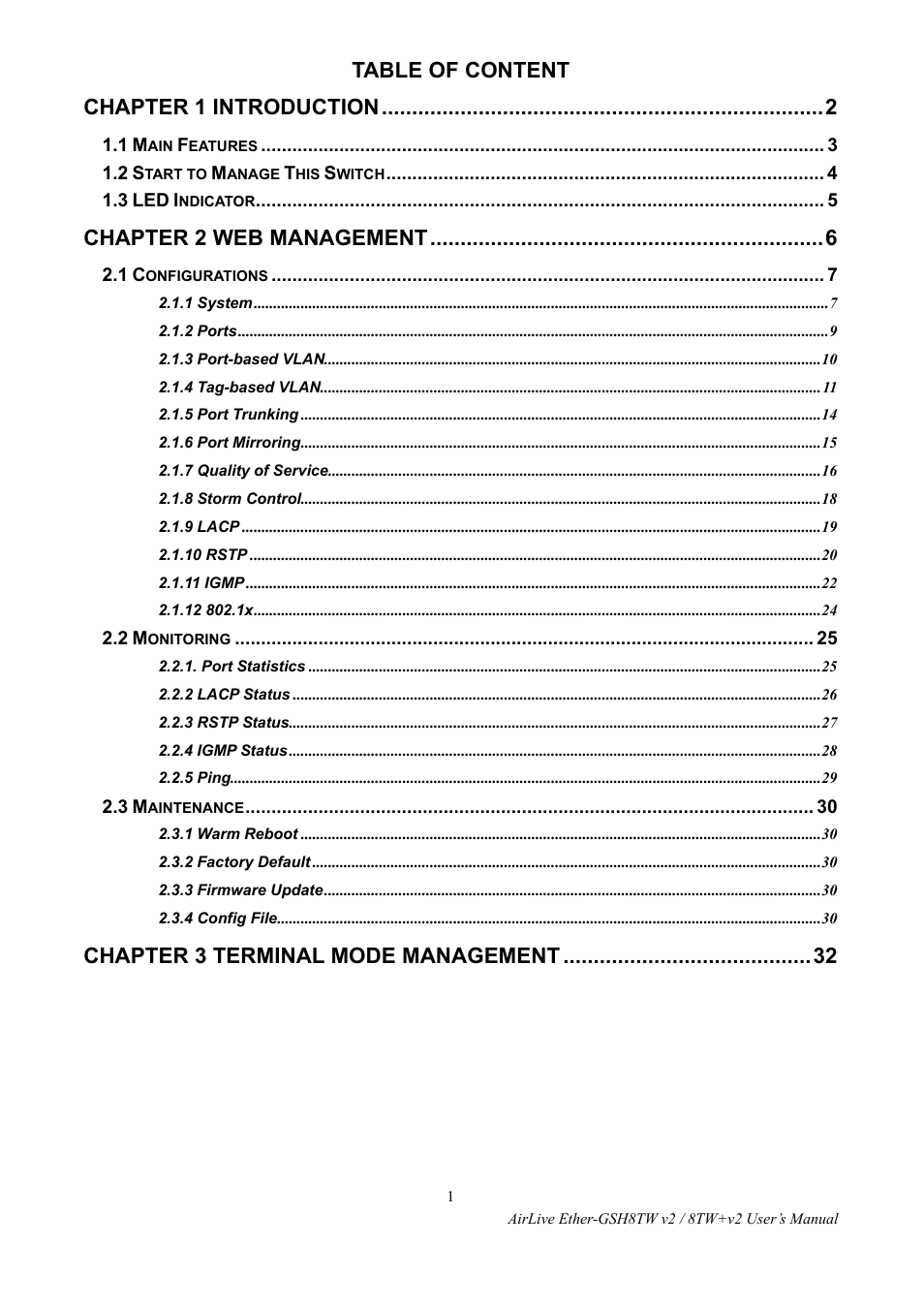 Table of content chapter 1 introduction, Chapter 2 web management, Chapter 3 terminal mode management | AirLive Ether-GSH8TW v2 User Manual | Page 4 / 36