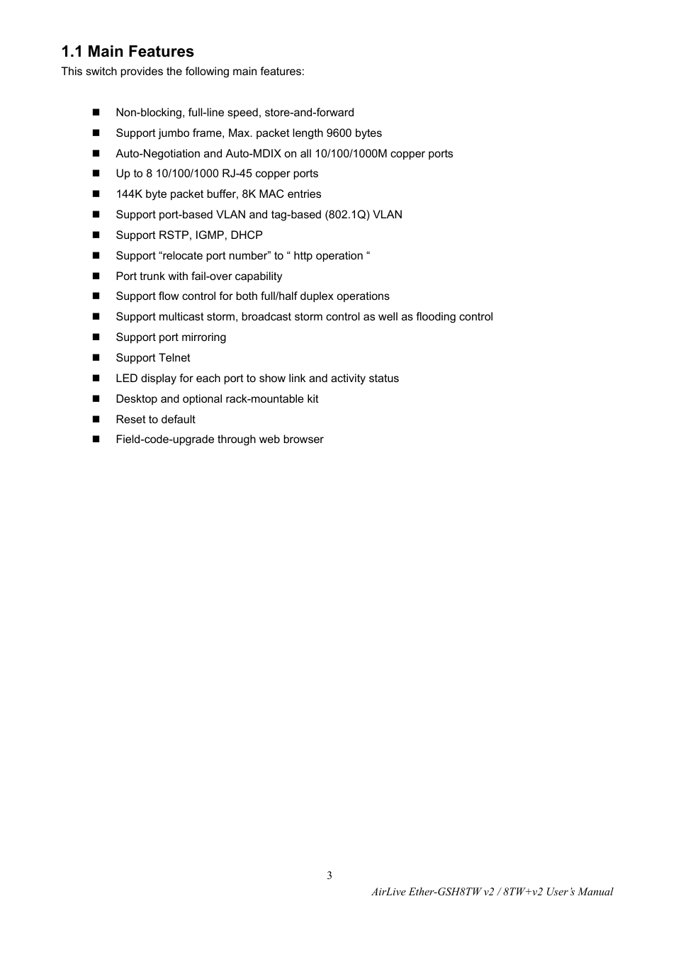 Eatures, 1 main features | AirLive Ether-GSH8TW v2 User Manual | Page 6 / 36