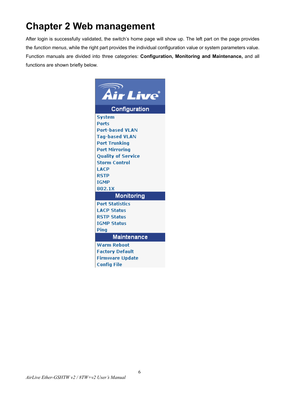 Chapter 2 web management | AirLive Ether-GSH8TW v2 User Manual | Page 9 / 36