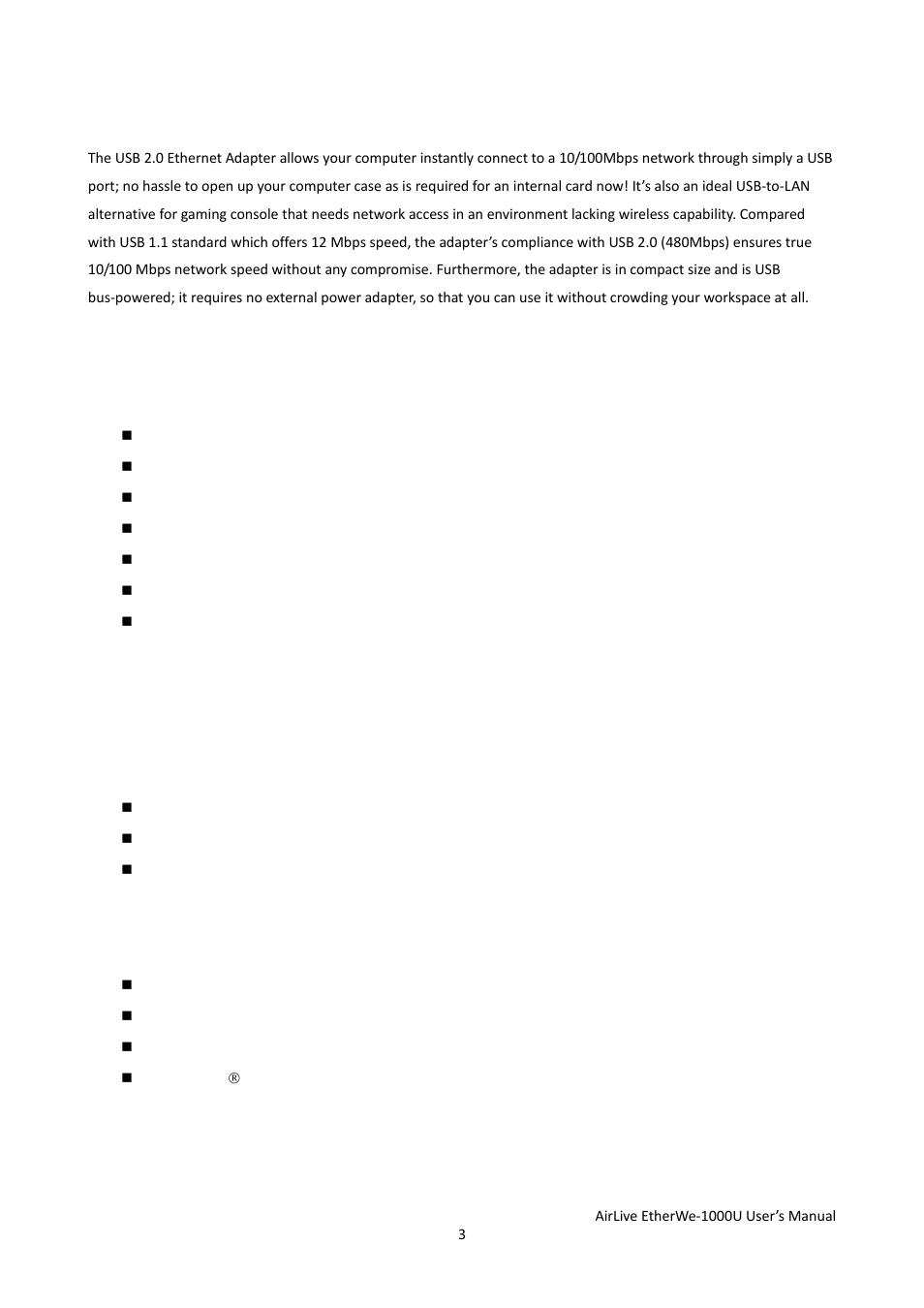 Chapter 1: introduction, 1 features, 2 package contents | 3 system requirements | AirLive EtherWe-1000U User Manual | Page 6 / 15