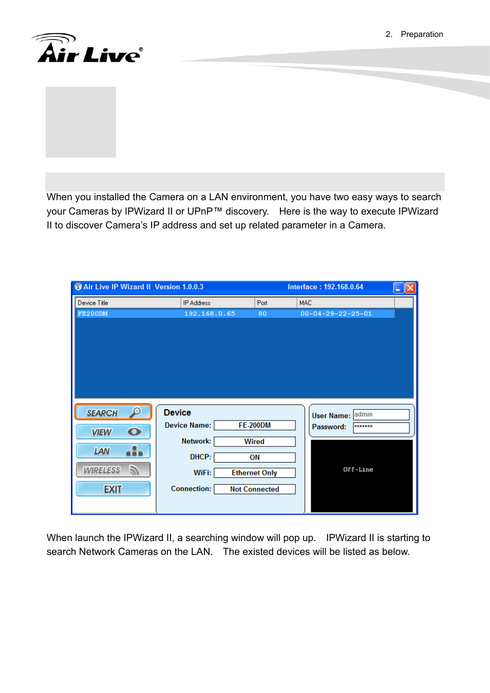 Preparation, 1 search and set up by ipwizard ii | AirLive FE-200DM User Manual | Page 13 / 74