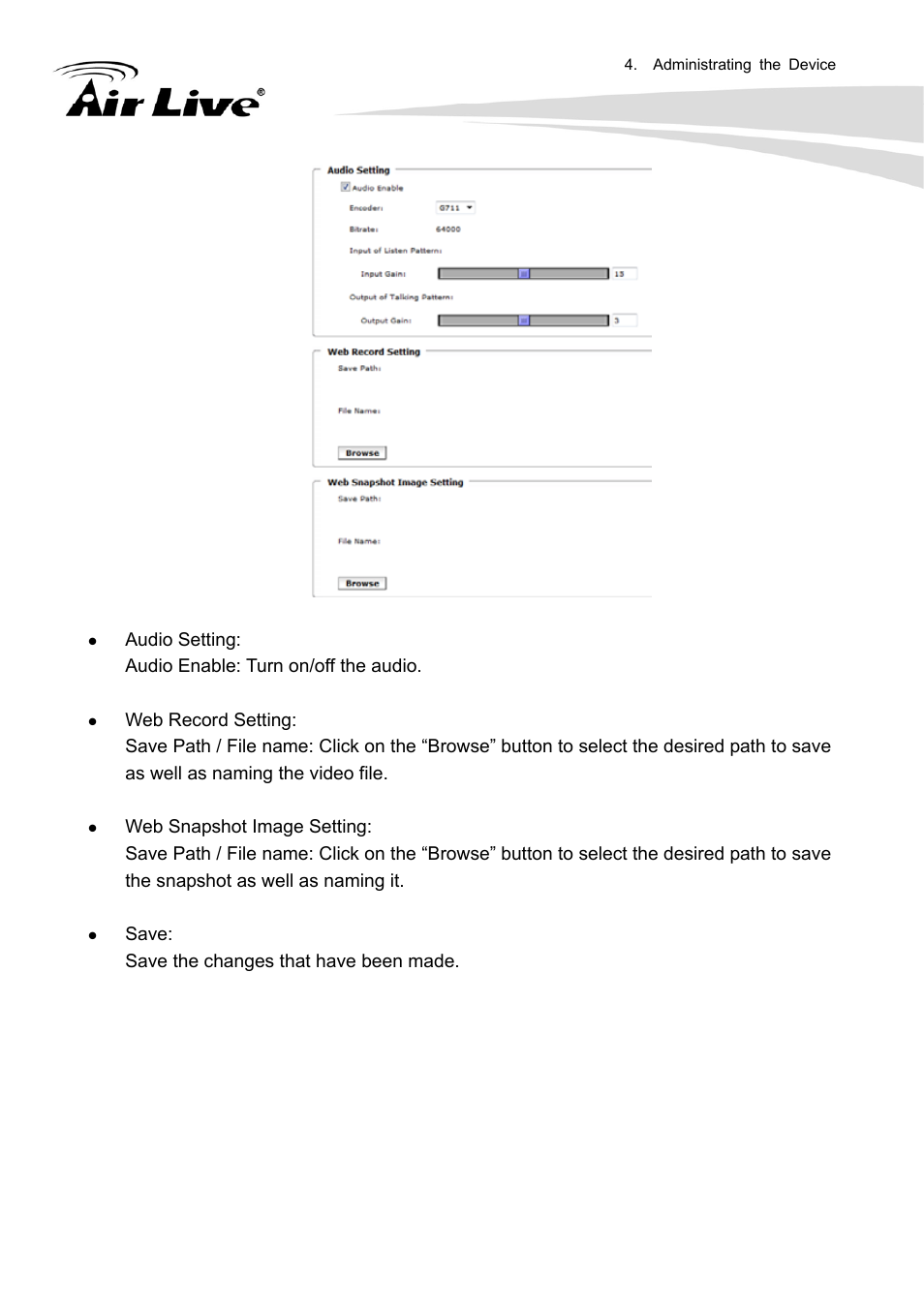 Audio setting: audio enable: turn on/off the audio, Save: save the changes that have been made | AirLive FE-200DM User Manual | Page 26 / 74