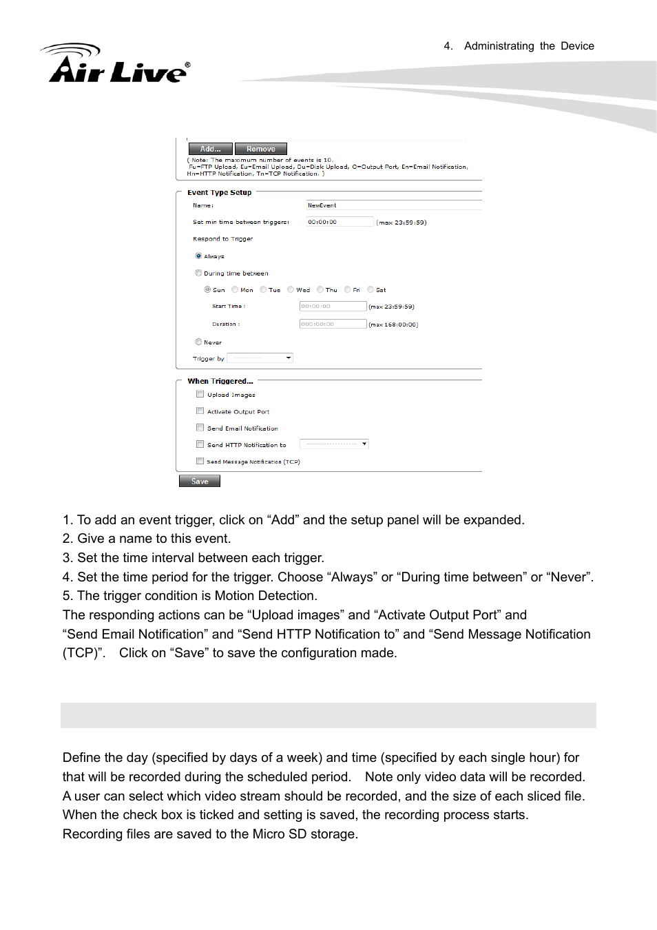 4 schedule, 4 event configuration, 1 general | AirLive FE-200DM User Manual | Page 37 / 74