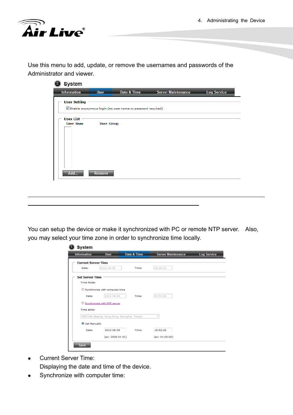 2 user, 3 day & time | AirLive FE-200DM User Manual | Page 43 / 74