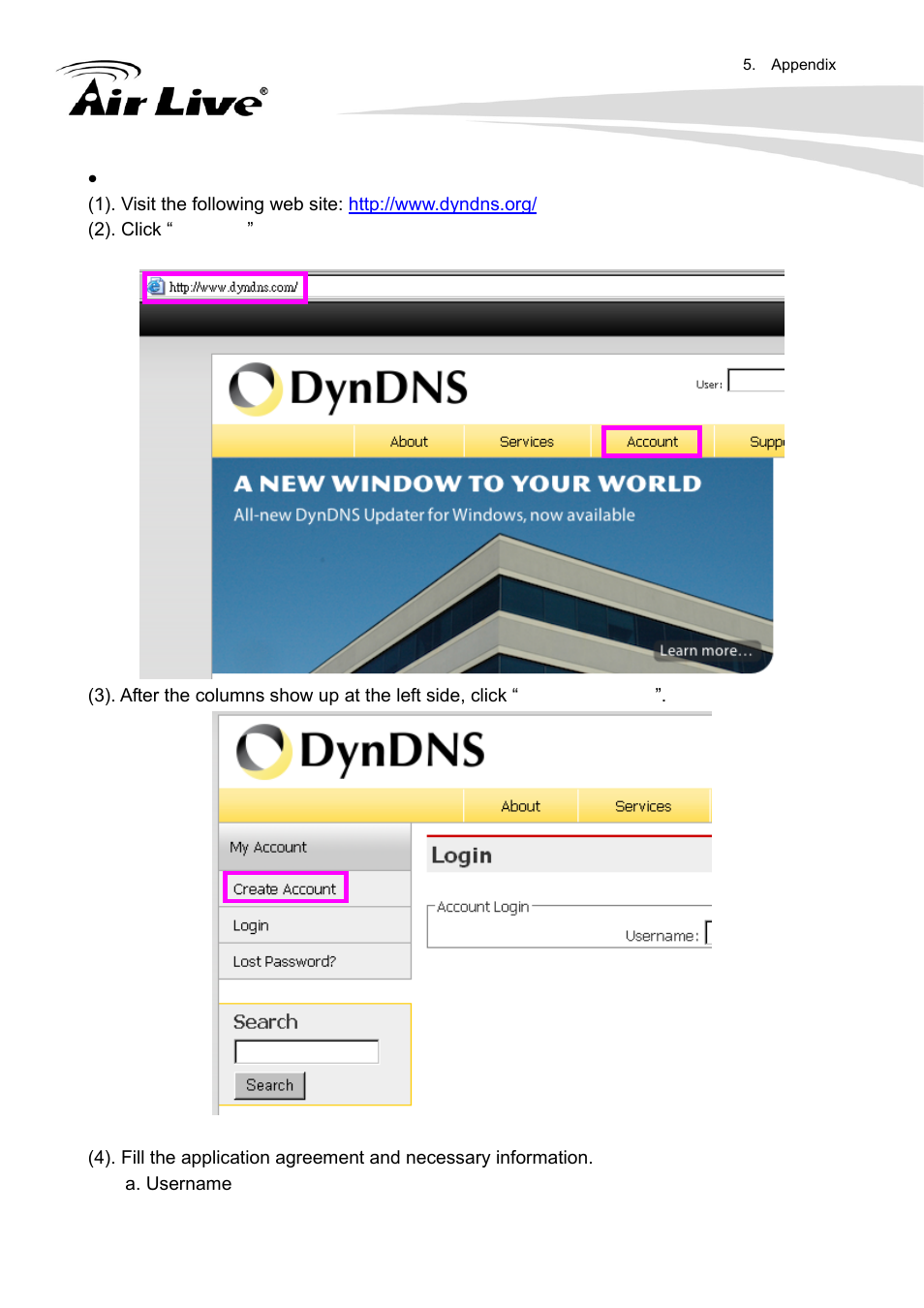 Application steps—ddns & domain name | AirLive FE-200DM User Manual | Page 63 / 74
