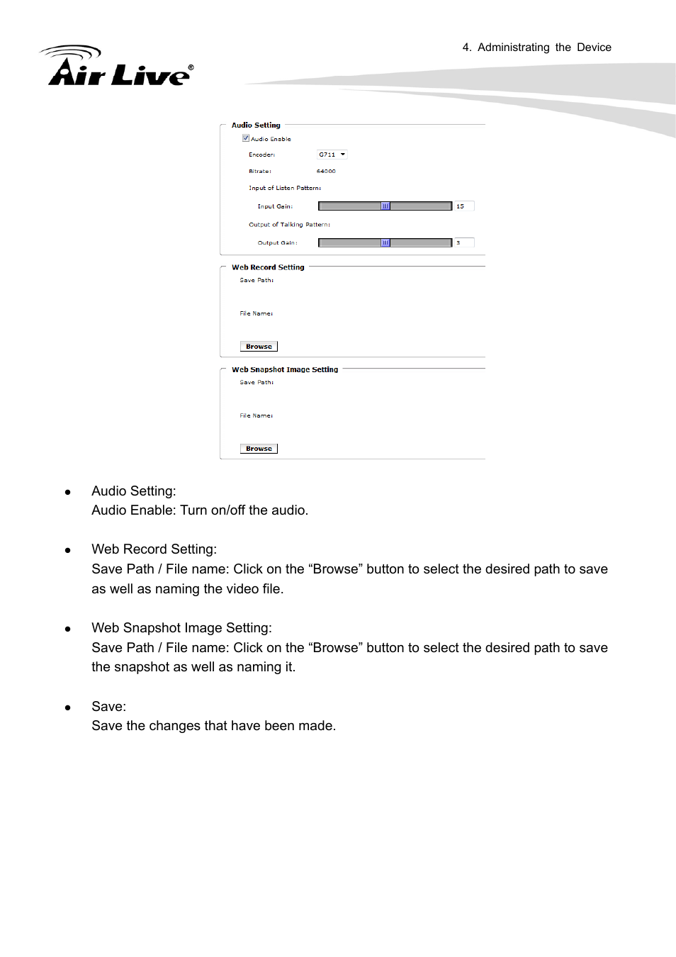 Audio setting: audio enable: turn on/off the audio, Save: save the changes that have been made | AirLive FE-200VD User Manual | Page 26 / 72