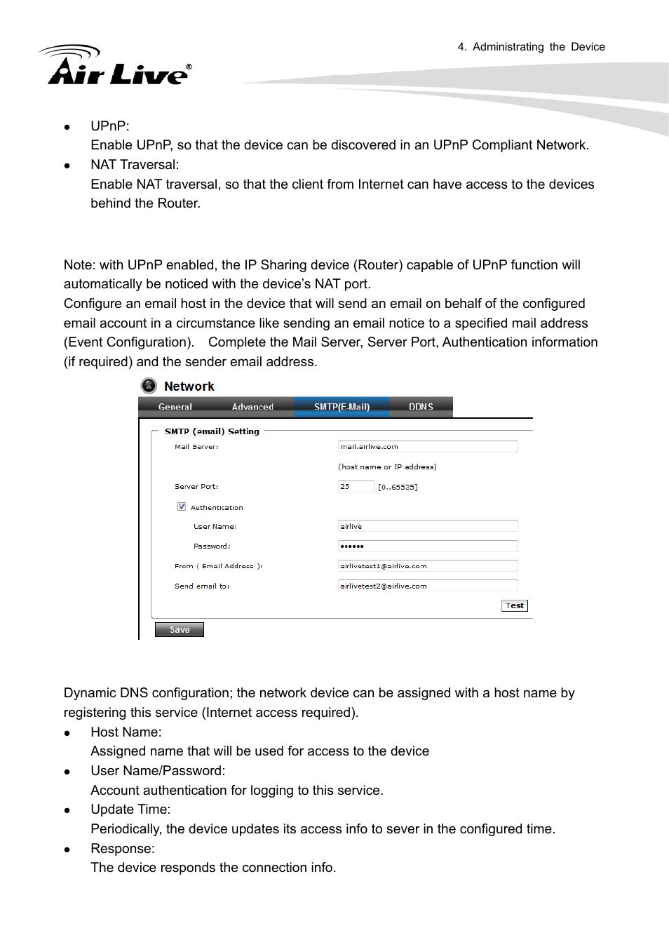 3 smtp (setup e-mail configuration), 4 ddns (dynamic dns) | AirLive FE-200VD User Manual | Page 40 / 72