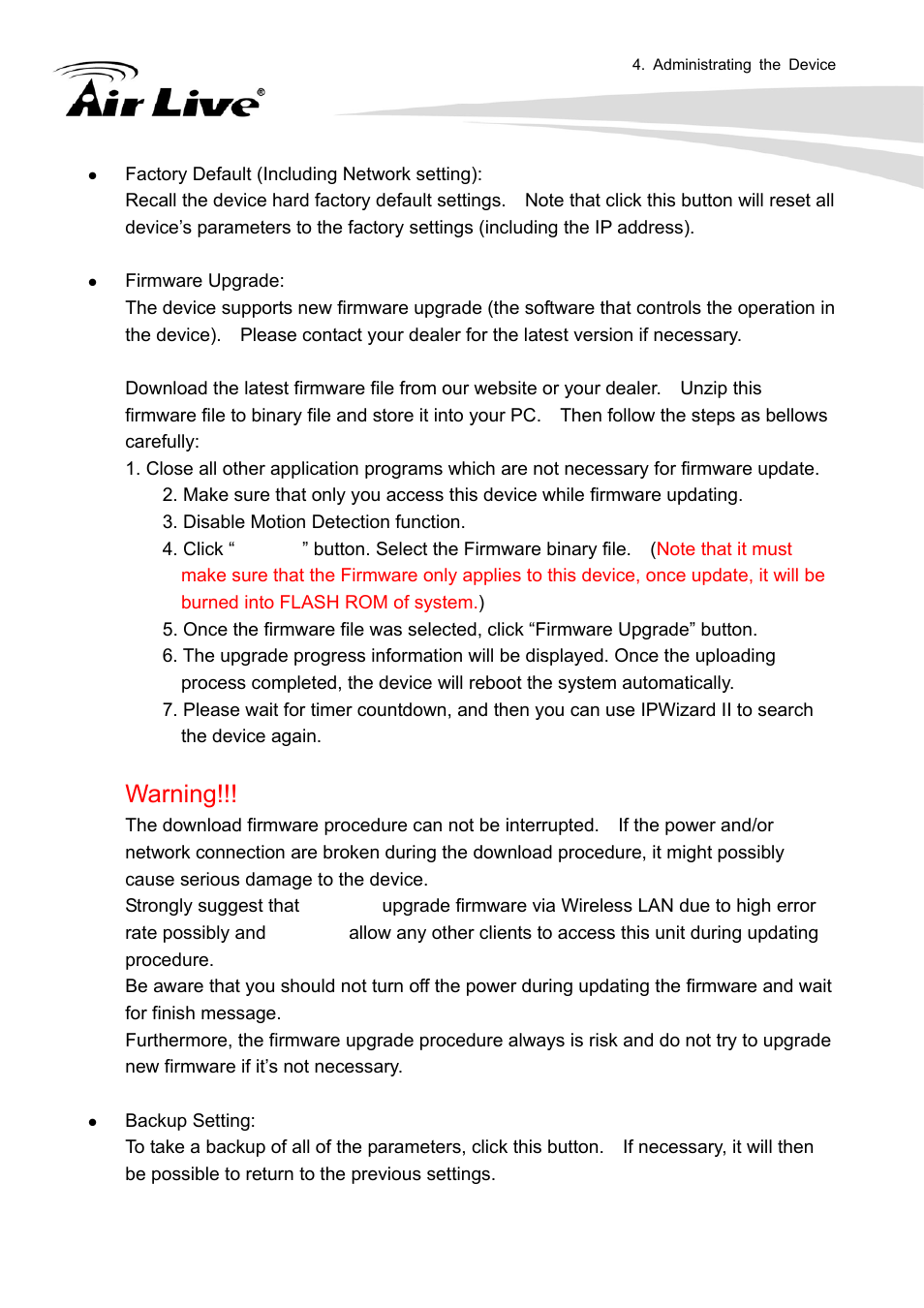 Warning | AirLive FE-200VD User Manual | Page 44 / 72