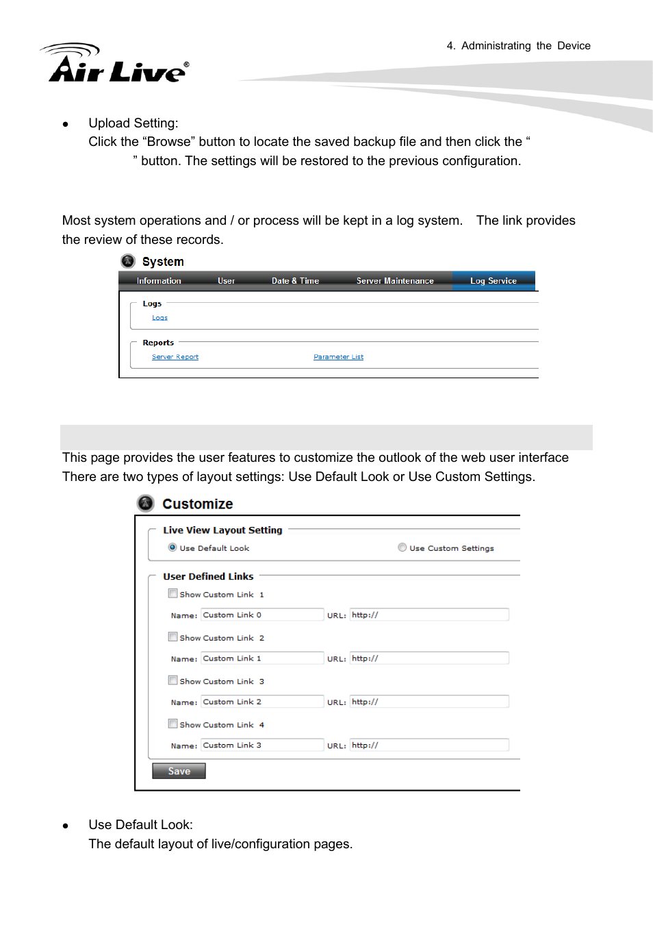 7 customize, 5 log service | AirLive FE-200VD User Manual | Page 45 / 72