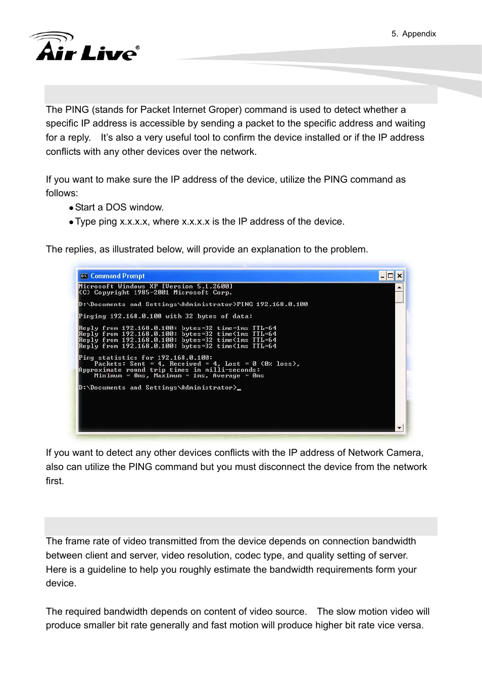 Appendix c: ping ip address, Appendix d: bandwidth estimation | AirLive FE-200VD User Manual | Page 55 / 72