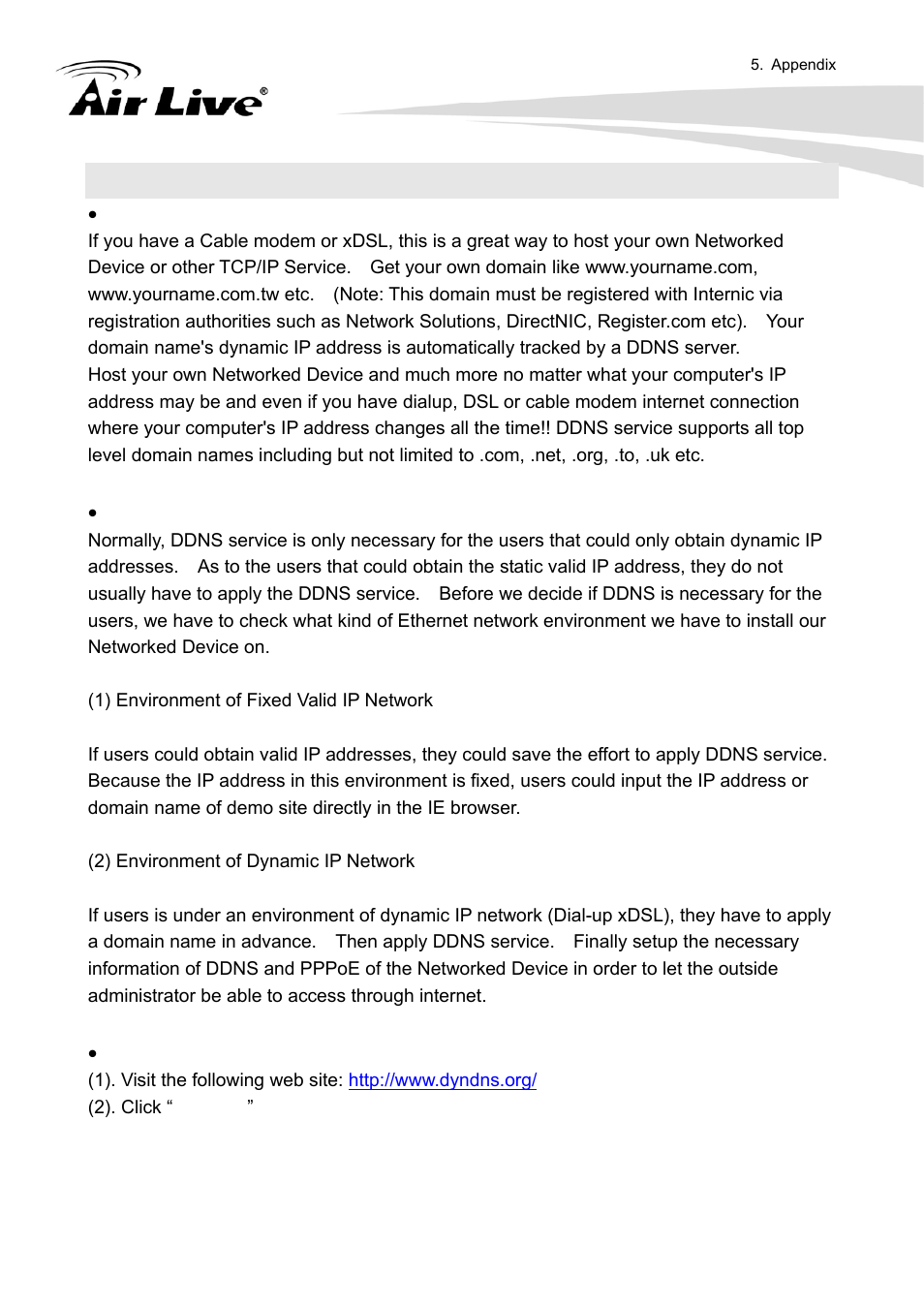 Appendix g: ddns application, Preface, Ethernet network environment | Application steps—ddns & domain name | AirLive FE-200VD User Manual | Page 61 / 72