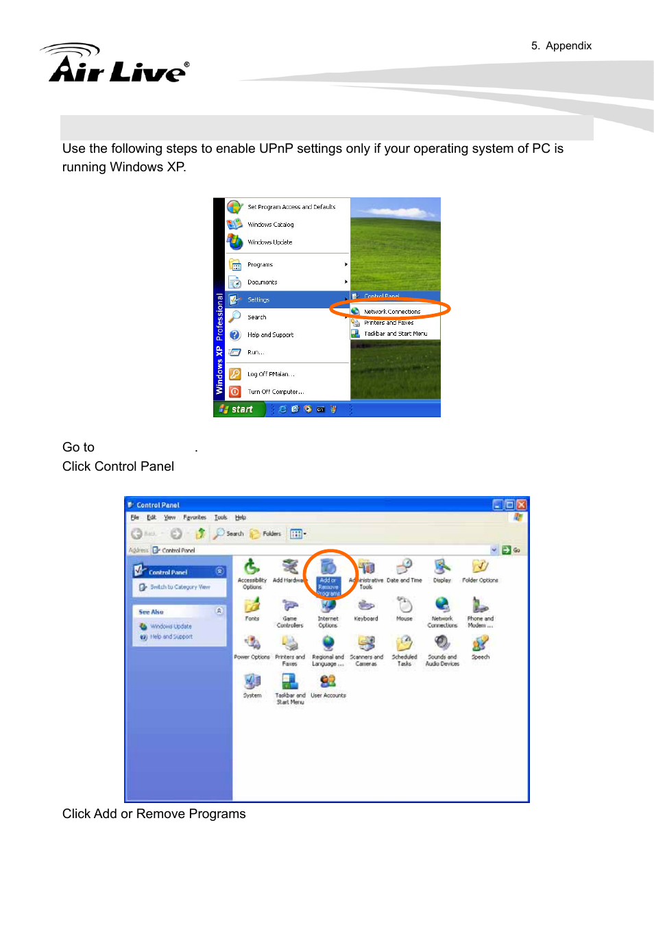 Appendix j: enable upnp of windows xp | AirLive FE-200VD User Manual | Page 69 / 72