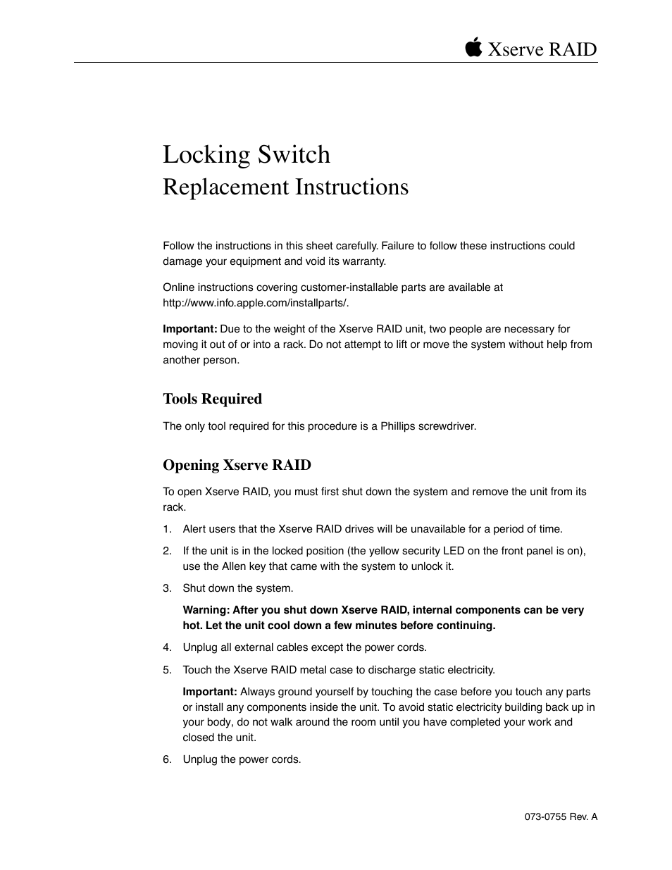 Apple Xserve RAID (Locking Switch Replacement) User Manual | 6 pages