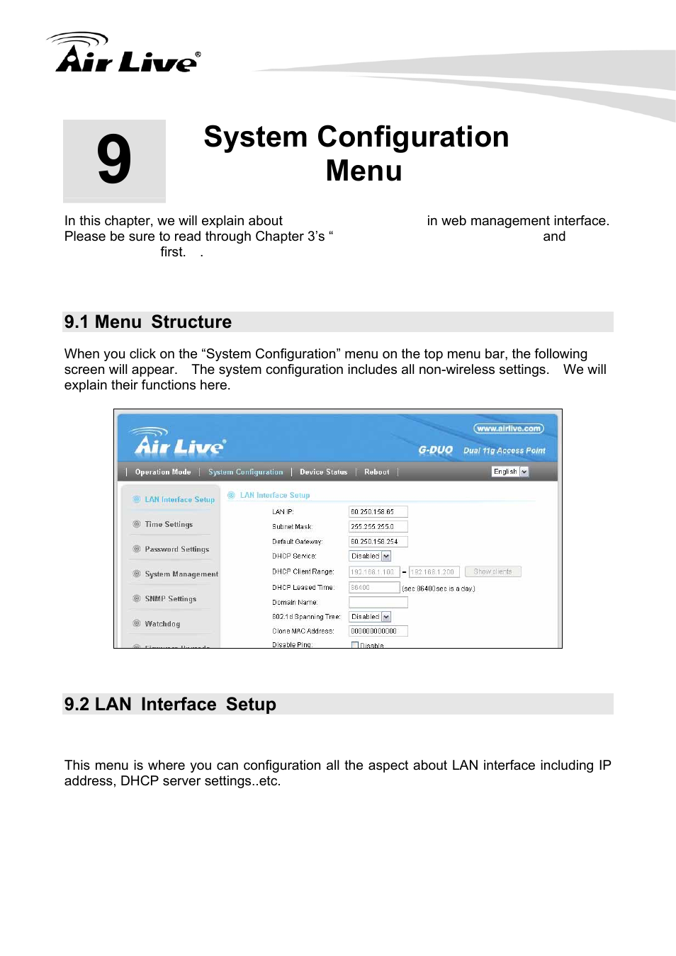 System configuration menu, 1 menu structure, 2 lan interface setup | AirLive G.DUO User Manual | Page 104 / 137