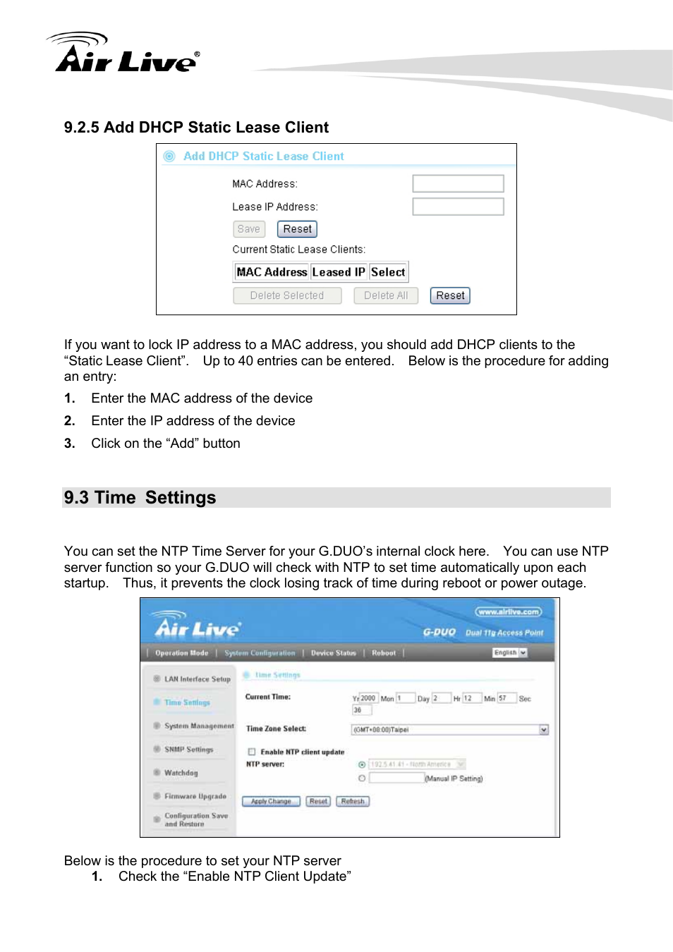 3 time settings, 5 add dhcp static lease client | AirLive G.DUO User Manual | Page 106 / 137