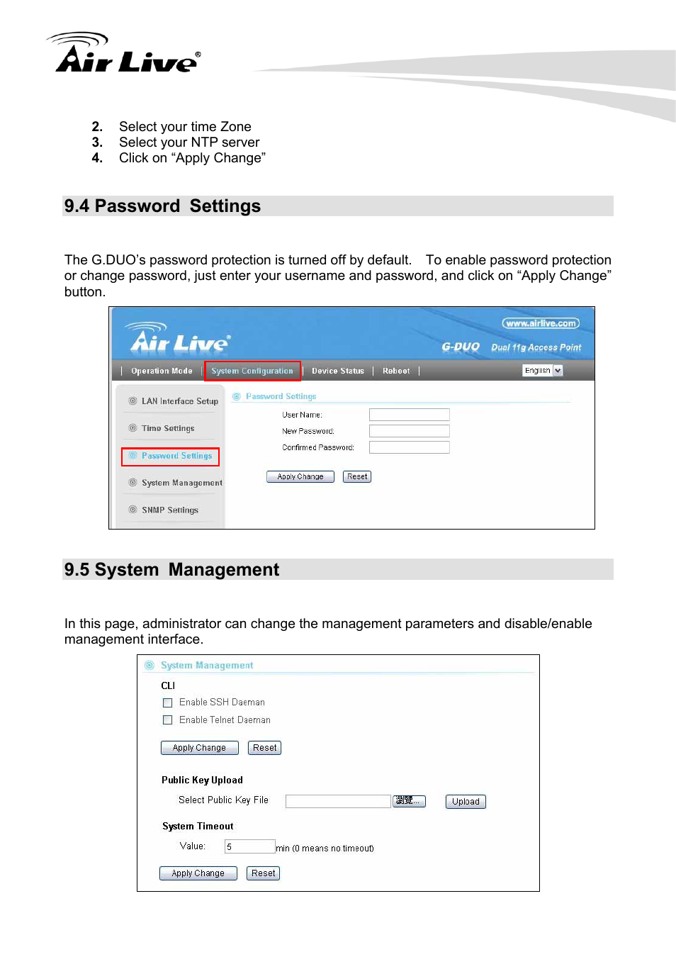 4 password settings, 5 system management | AirLive G.DUO User Manual | Page 107 / 137