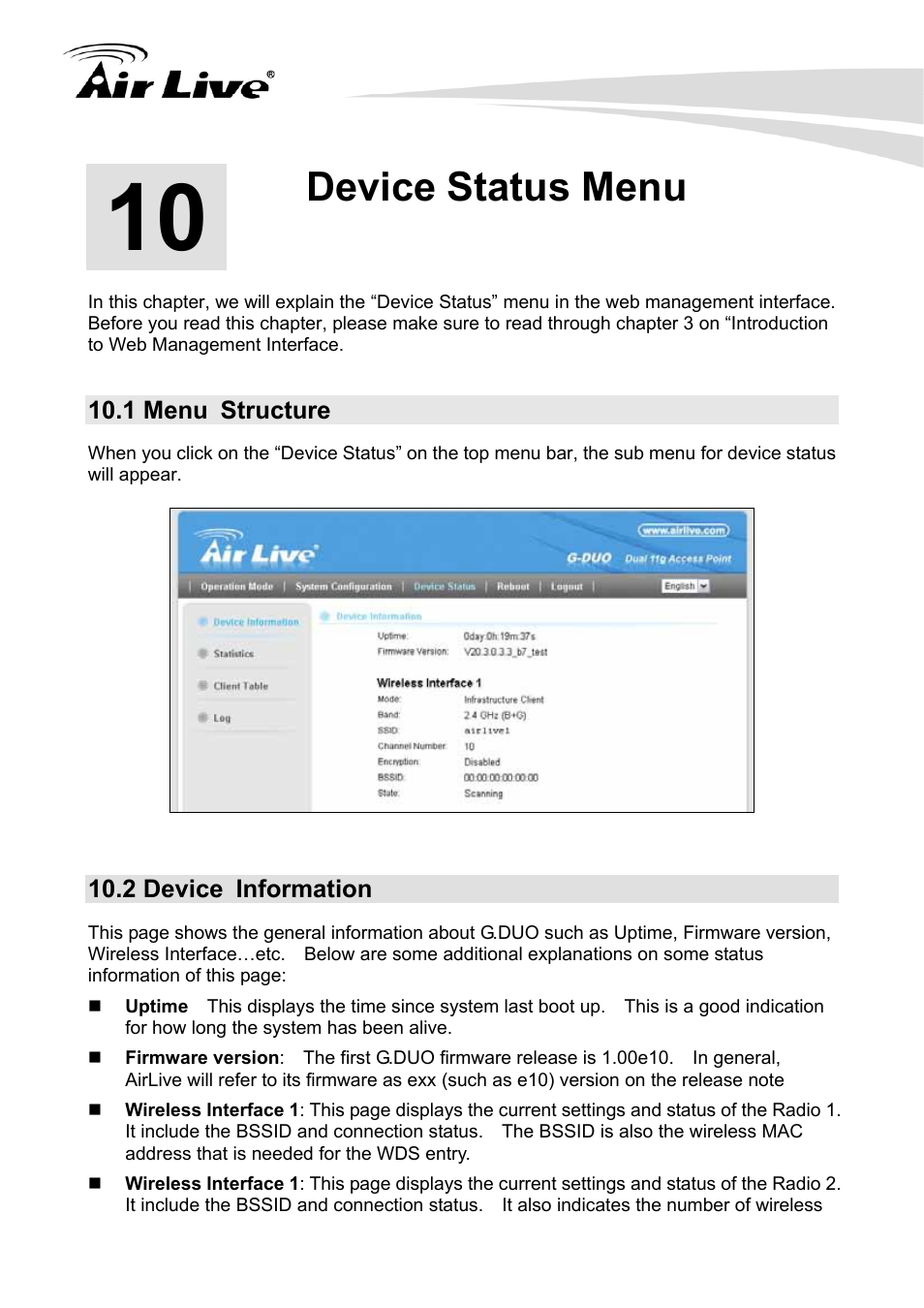 Device status menu, 1 menu structure, 2 device information | AirLive G.DUO User Manual | Page 112 / 137