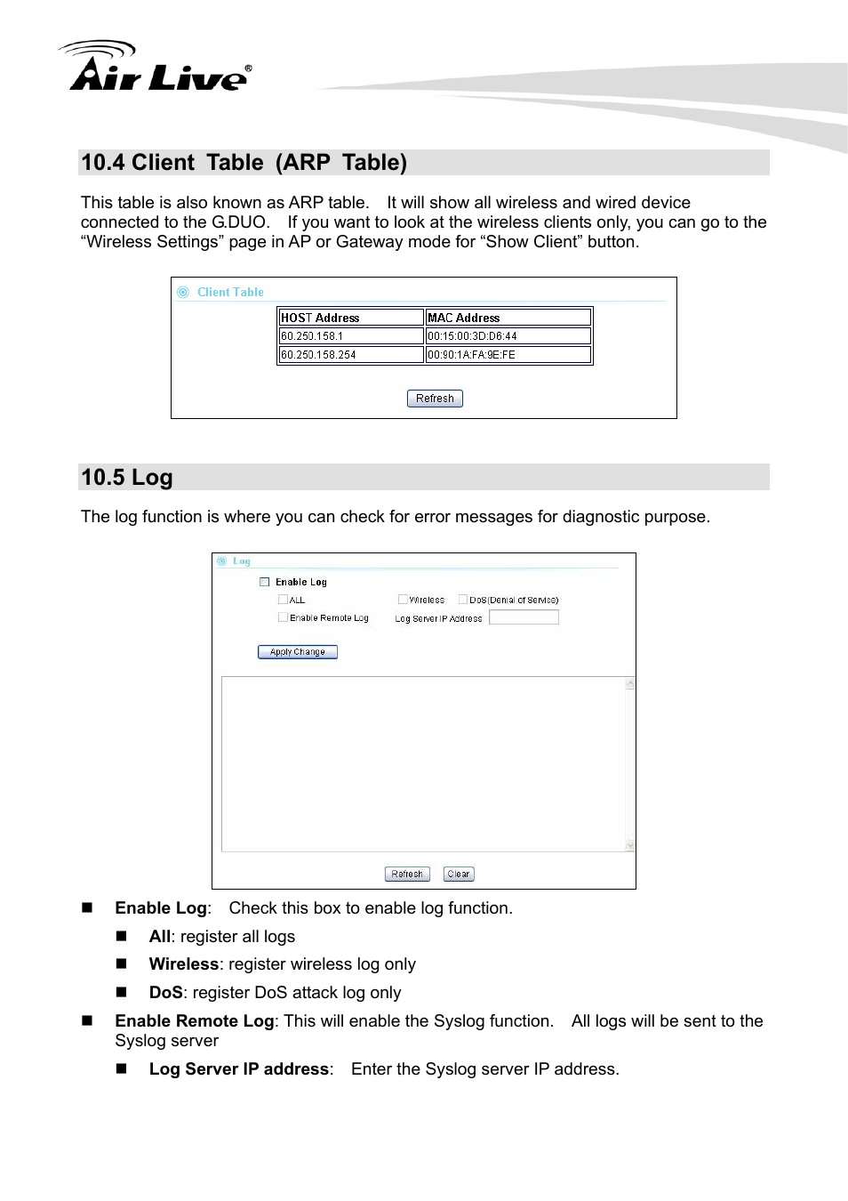 4 client table (arp table), 5 log | AirLive G.DUO User Manual | Page 114 / 137