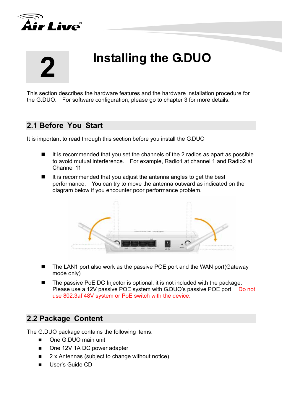 Installing the g.duo, 1 before you start, 2 package content | AirLive G.DUO User Manual | Page 12 / 137