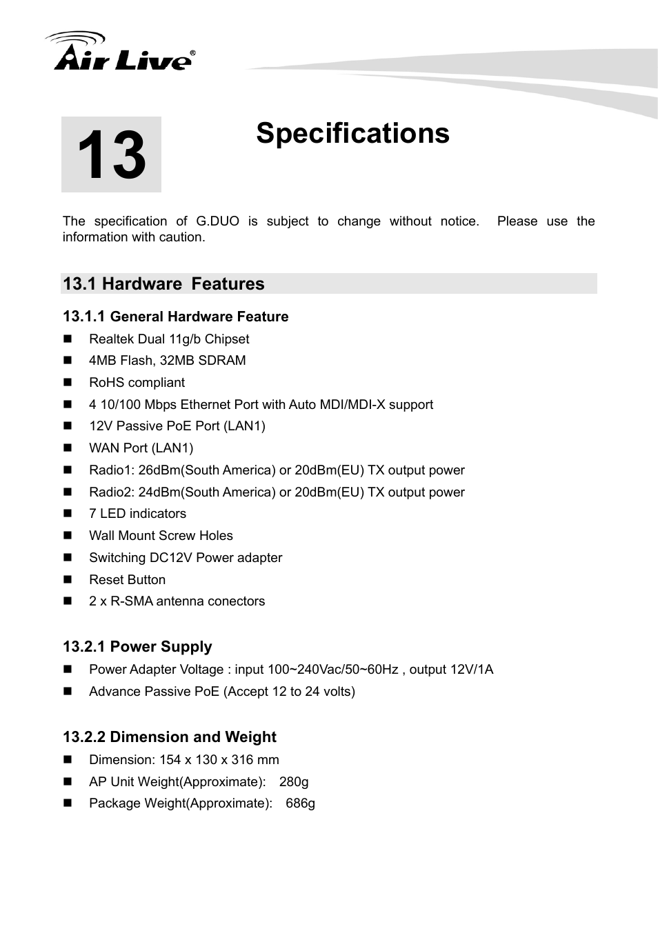 Specifications, 1 hardware features | AirLive G.DUO User Manual | Page 120 / 137