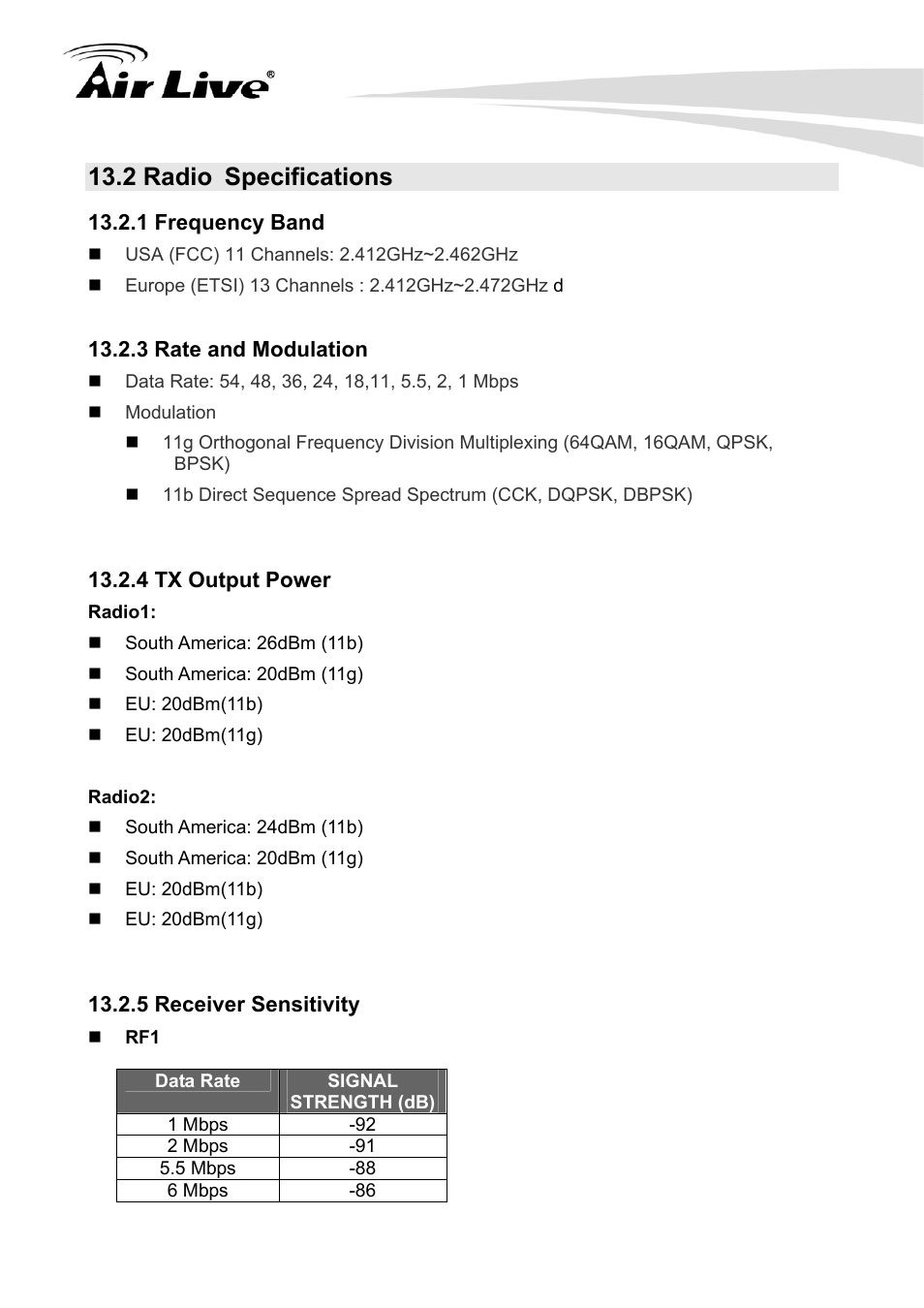 2 radio specifications | AirLive G.DUO User Manual | Page 121 / 137