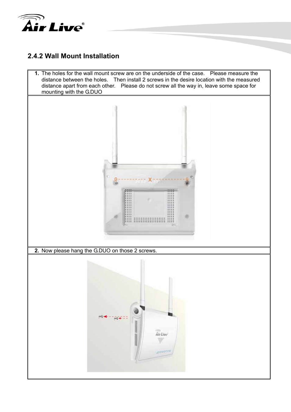2 wall mount installation | AirLive G.DUO User Manual | Page 16 / 137
