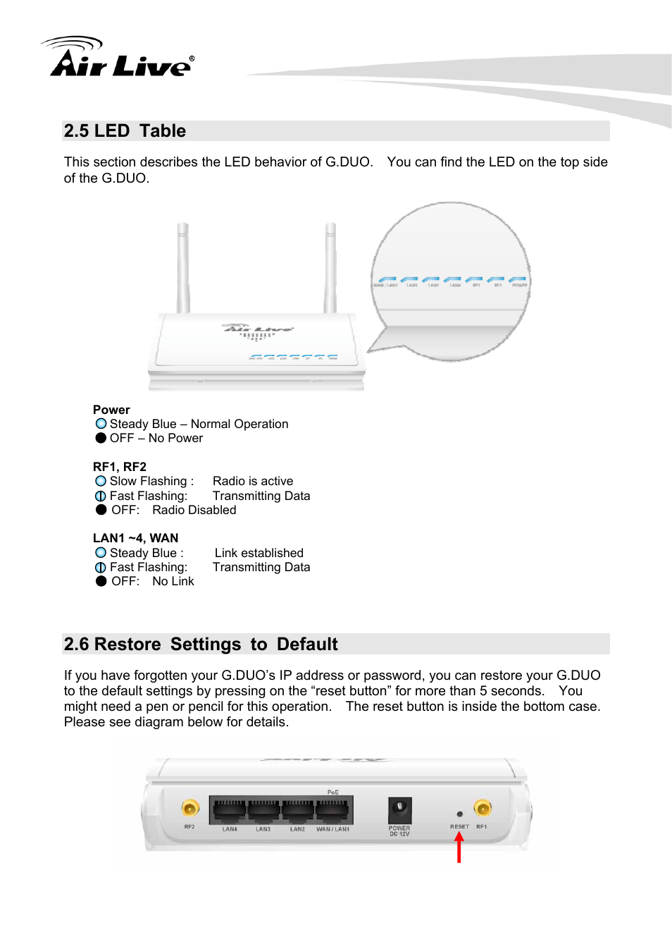 5 led table, 6 restore settings to default | AirLive G.DUO User Manual | Page 17 / 137