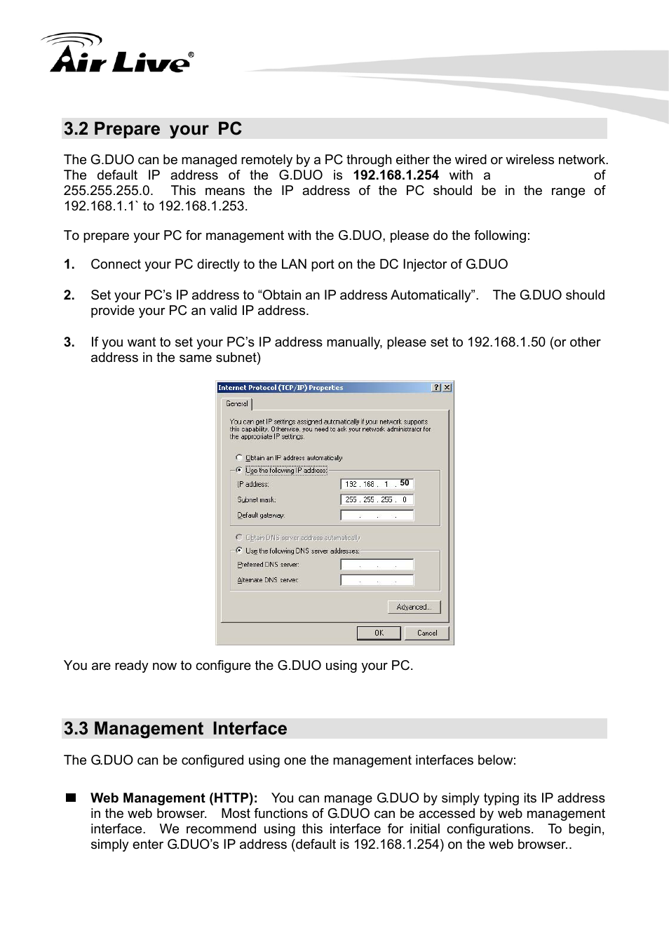 2 prepare your pc, 3 management interface, Web management (http) | AirLive G.DUO User Manual | Page 19 / 137