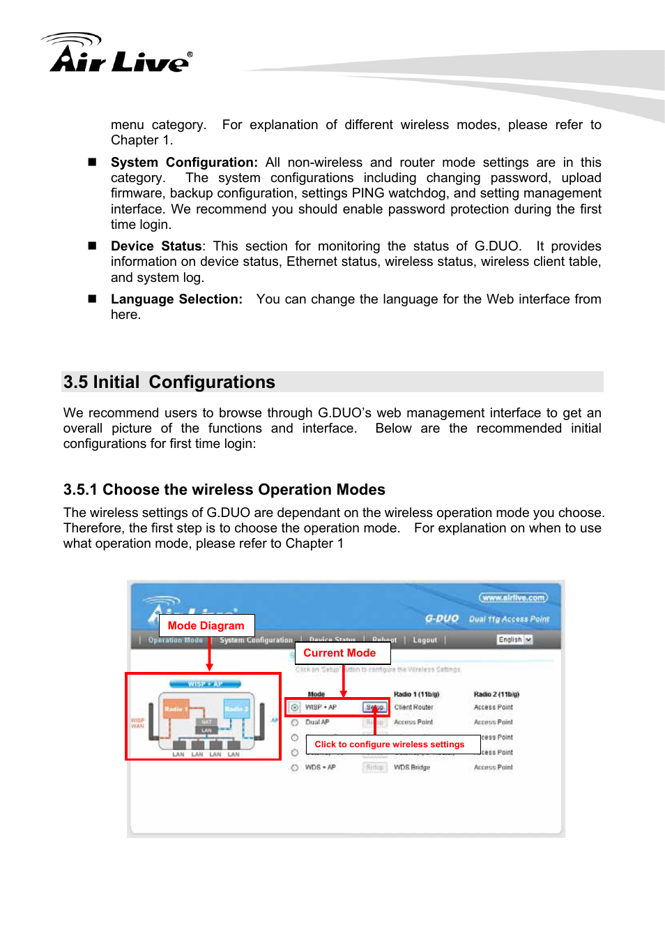 5 initial configurations, 1 choose the wireless operation modes | AirLive G.DUO User Manual | Page 25 / 137