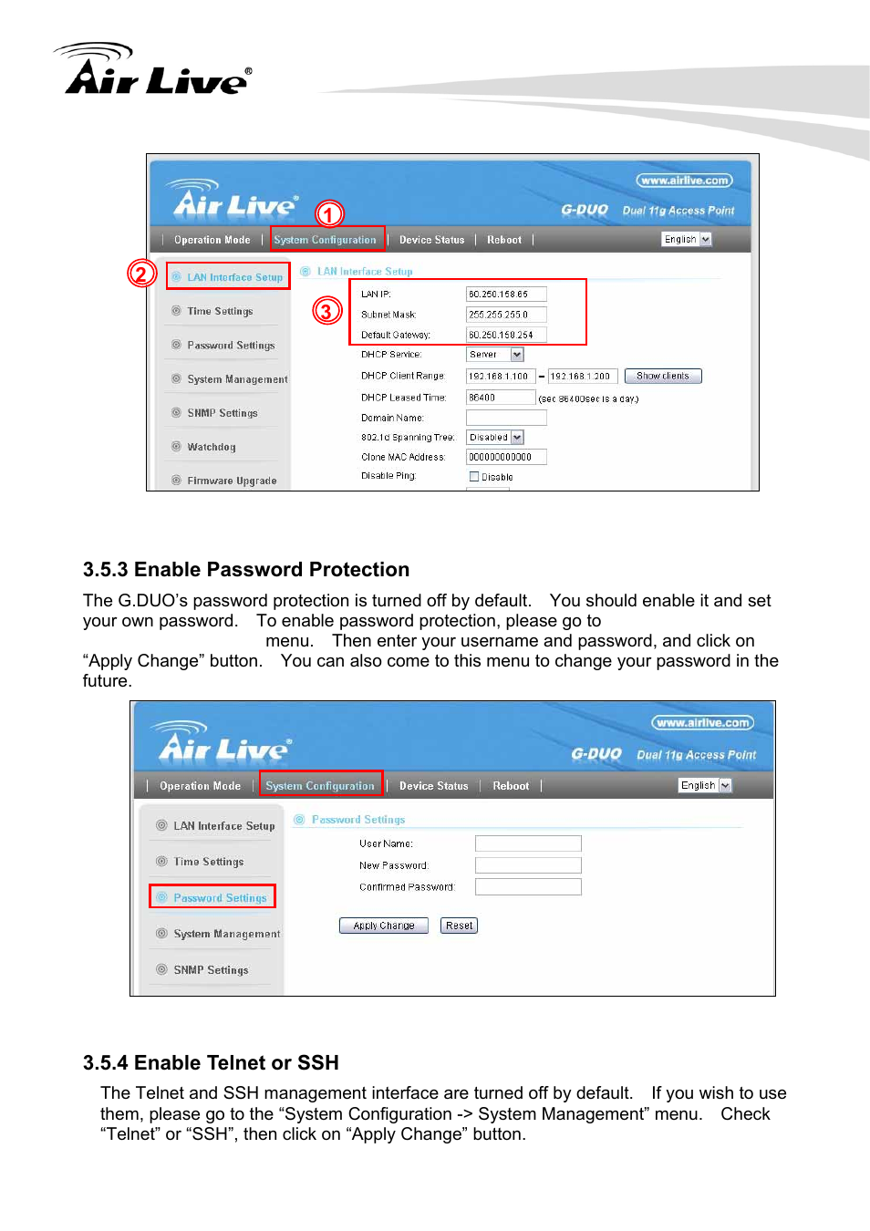 3 enable password protection, 4 enable telnet or ssh | AirLive G.DUO User Manual | Page 27 / 137