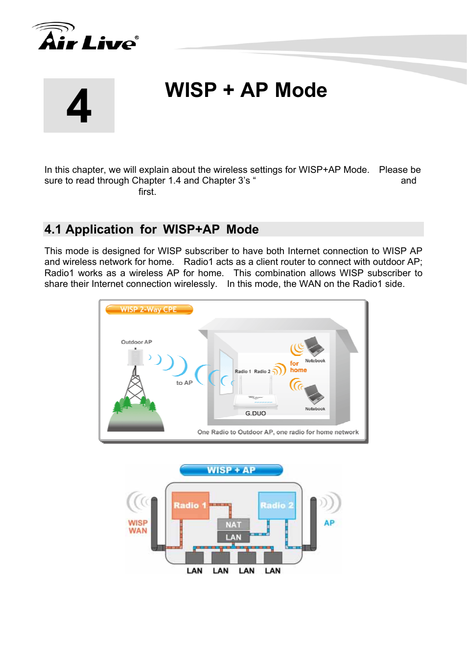Wisp + ap mode, 1 application for wisp+ap mode | AirLive G.DUO User Manual | Page 29 / 137
