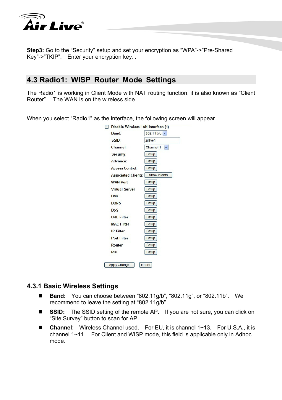 3 radio1: wisp router mode settings, 1 basic wireless settings | AirLive G.DUO User Manual | Page 33 / 137