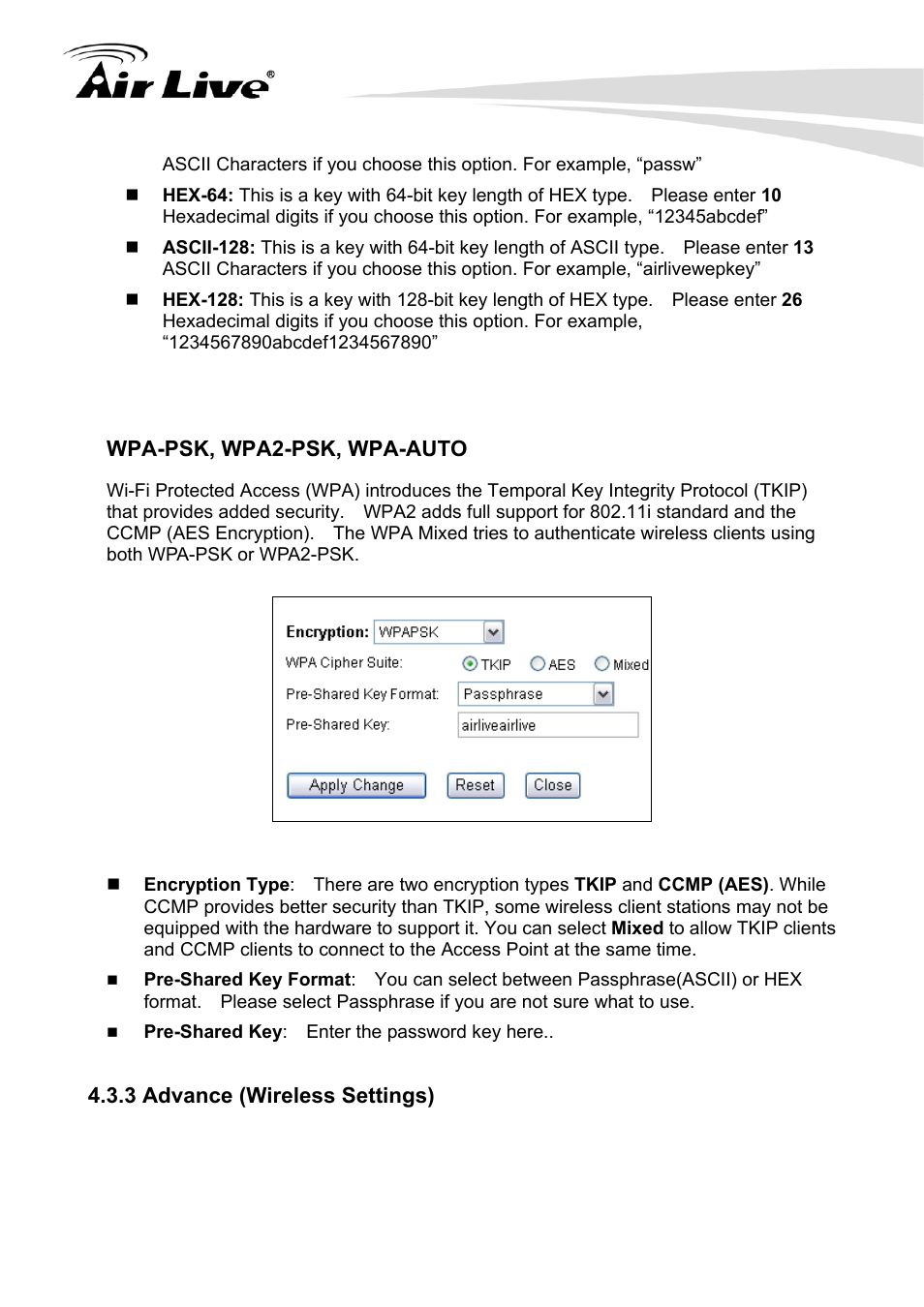 3 advance (wireless settings), Wpa-psk, wpa2-psk, wpa-auto | AirLive G.DUO User Manual | Page 35 / 137