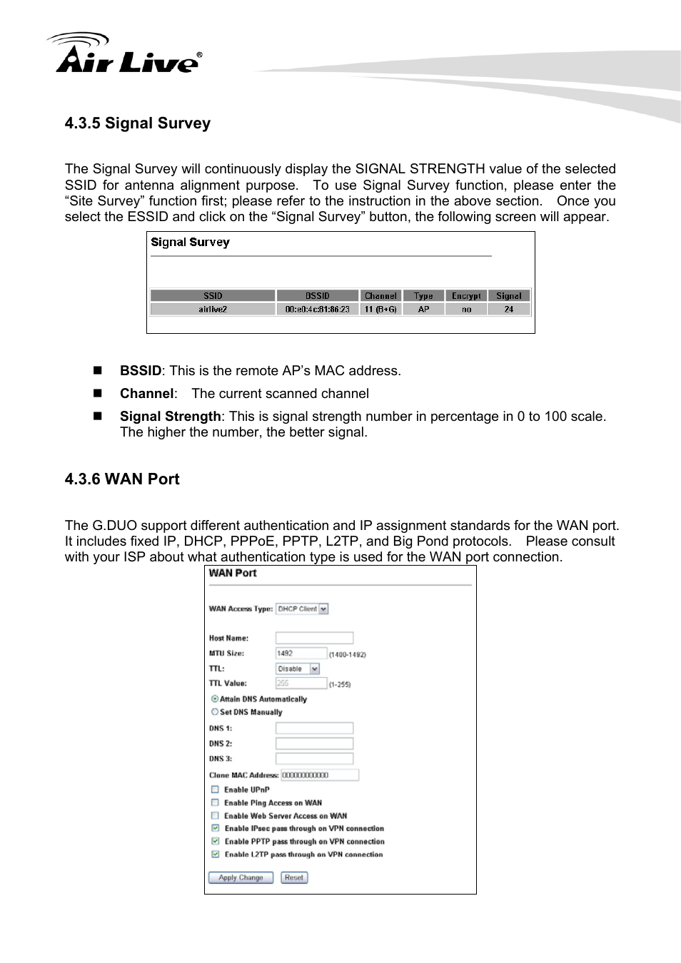 5 signal survey 4.3.6 wan port | AirLive G.DUO User Manual | Page 38 / 137
