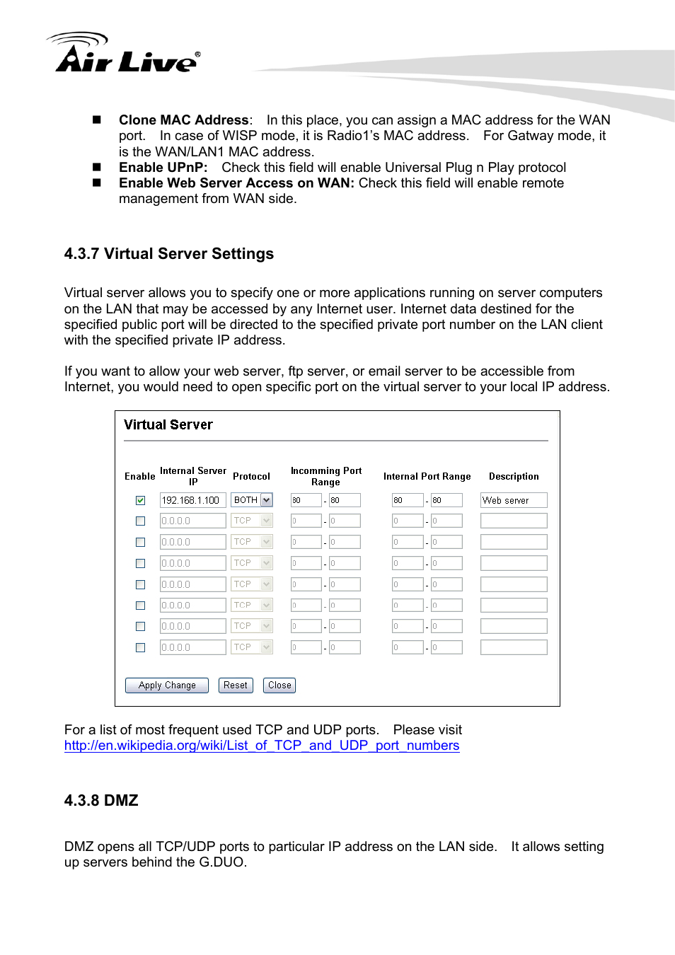 7 virtual server settings 4.3.8 dmz | AirLive G.DUO User Manual | Page 39 / 137