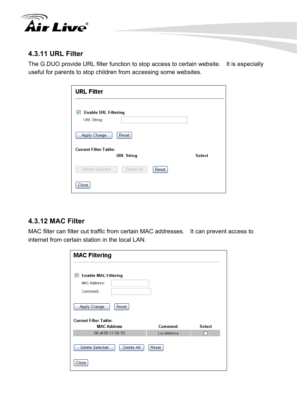 11 url filter 4.3.12 mac filter, 11 url filter, 12 mac filter | AirLive G.DUO User Manual | Page 41 / 137