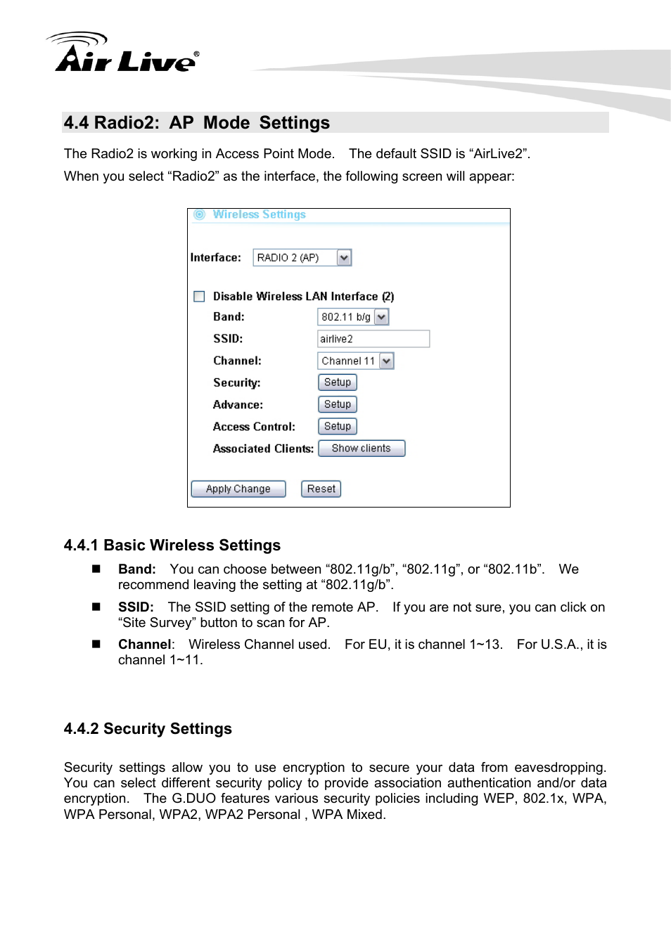 4 radio2: ap mode settings, 1 basic wireless settings 4.4.2 security settings | AirLive G.DUO User Manual | Page 44 / 137